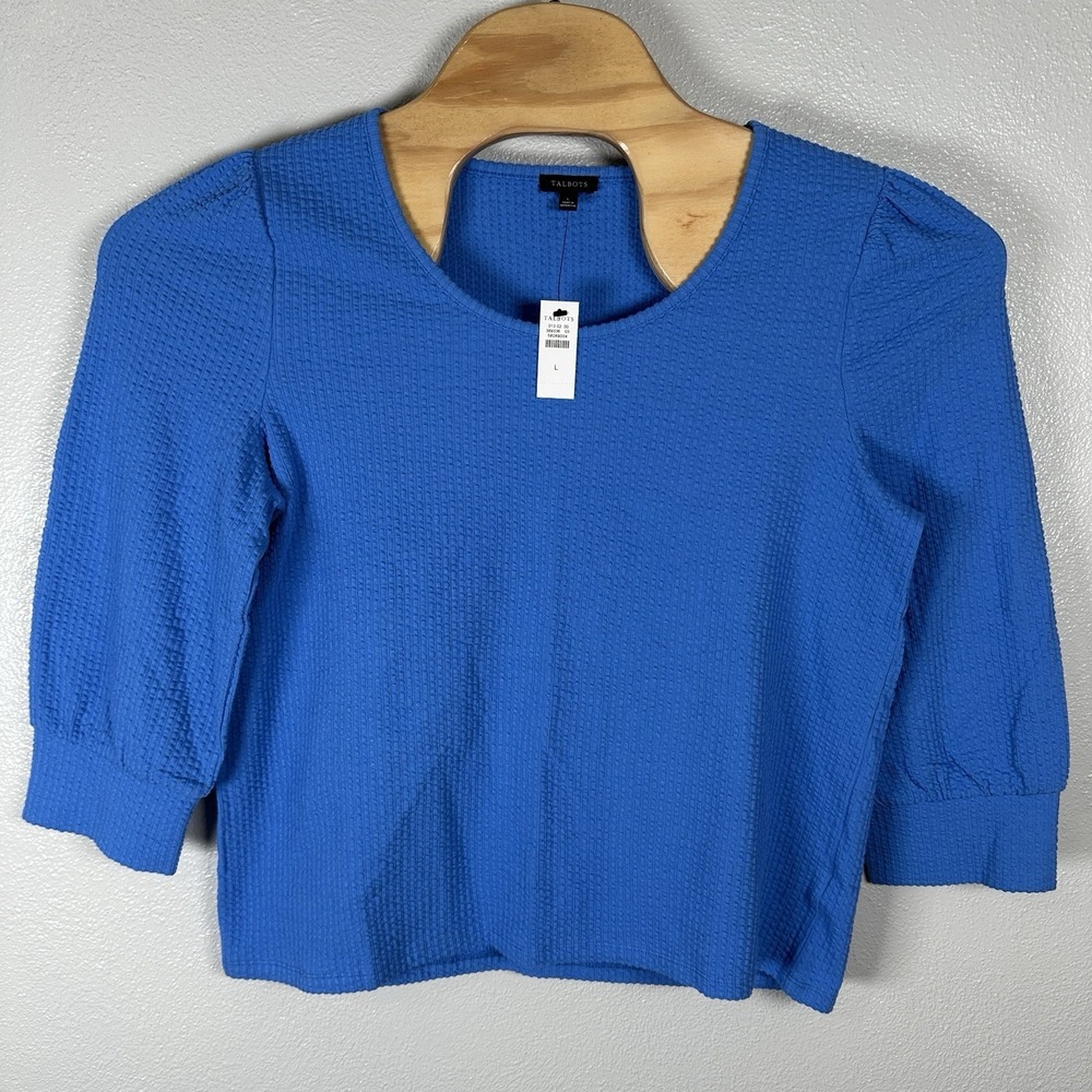 NEW Talbots Textured Scoop Neck 3/4 Sleeve Tee Top Womens Large Blue Button Cuff